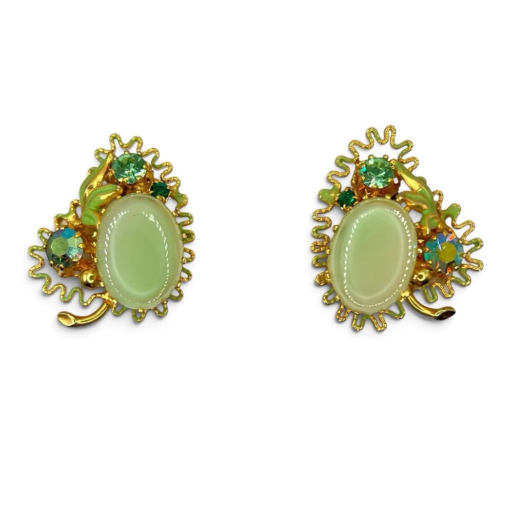 Vintage Austria Green Art Glass Cabochon Clip On Earrings AB Rhinestones Enamel